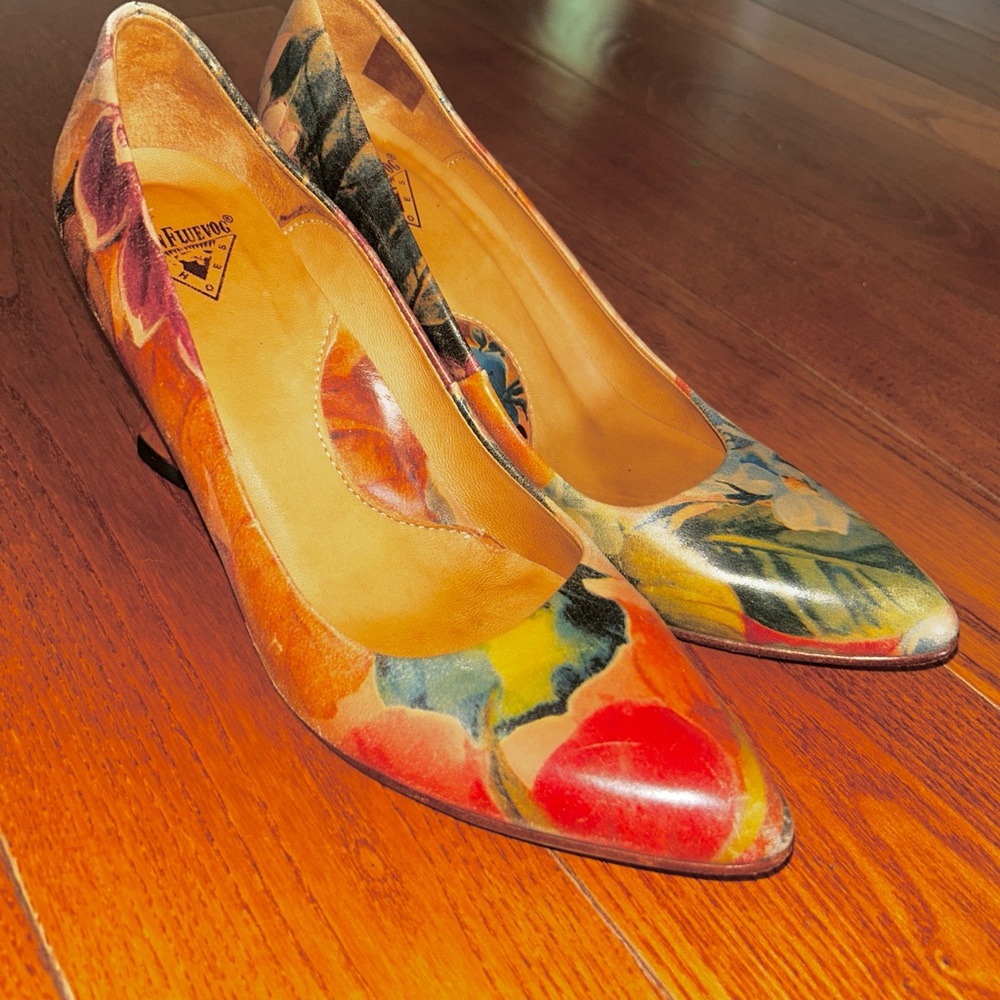 John Fluevog Red and Yellow Heels with Tropical Flair